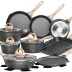 JEETEE Pots and Pans Set Nonstick 23pcs, Healthy Kitchen Cookware Sets, Induction Cooking Set W/Gray Granite Stone Frying Pans, Saucepans, Sauté Pan, Griddle Pan & Crepe Pan (PFOA Free)