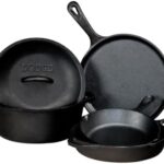 Lodge Seasoned Cast Iron 5 Piece Bundle. 10.5" Griddle, 8" Skillet, 10.25" Skillet, 10.25" Dutch Oven, and 10.25" Lid,Black