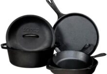 Lodge Seasoned Cast Iron 5 Piece Bundle. 10.5" Griddle, 8" Skillet, 10.25" Skillet, 10.25" Dutch Oven, and 10.25" Lid,Black