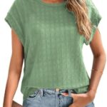 Dokotoo Tops for Women Trendy Summer Casual Cap Short Sleeve Basic Textured Solid Color Round Neck T Shirts Blouse