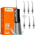Bitvae C5 Water Dental Flosser for Teeth, Cordless Water Teeth Cleaner Picks, 3 Modes 5 Intensities, IPX7 Waterproof Water Flosser, 5 Tips Rechargeable Water Dental Picks for Cleaning - Black