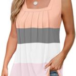 Summer Tank Tops for Women Loose Fit Pleated Square Neck Sleeveless Tops Flowy Blouse Short Sleeve Tops Basic Shirts
