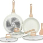 ESLITE LIFE Nonstick Ceramic Frying Pans Skillets Set with Lids, Non-Toxic Egg Omelette Kitchen Cooking Pans Compatible with All Stovetops (Gas, Electric & Induction), PTFE & PFOA Free (White)