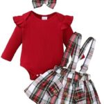 Newborn Baby Girl Dress Clothes Infant Christmas Plaid Outfits Long Sleeve Ruffle Romper Suspender Skirt Set