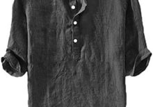 Ryannology Mens Linen Shirts Henley 3/4 Sleeve Casual Cotton T-Shirt Regular-Fit Lightweight Beach Yoga Tunic Tops