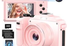 Cameras for Photography,4K Pink Digital Camera Anti-Shake 64MP Compact Vlogging Camera with 18X Zoom,Travel Autofocus,Point and Shoot Camera with 64GB TF Card,2 Batteries,Dual Charger for Beginner