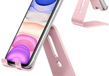 OMOTON Upgraded Aluminum Cell Phone Stand for Desk, C1 Durable Cellphone Dock with Protective Pads, Smart Stand Designed for iPhone16, 15/14/13/12 Pro Max XR XS, iPad Mini, Android Phones,Rose Gold