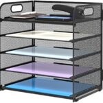 Supeasy 5 Trays Paper Organizer with Handle - Mesh Desk File/Letter Organizer,Black Paper Sorter for Office, Home or School