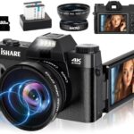 Digital Camera for Photography, 4K 56MP Vlogging Camera for YouTube with WiFi, 3-inch 180-degree Flip Screen, 16X Digital Zoom, 52mm Wide Angle & Macro Lens, 32GB TF Card and 2 Batteries