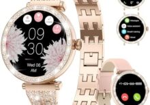 Smart Watch Women for Android iPhone with Bluetooth Phone Calls 1.19” AMOLED Female Smartwatch Sport Fitness Tracker Heart Rate Sleep Monitor Diamond Smart Watch Ladies Rose Gold Steel Smartwatch